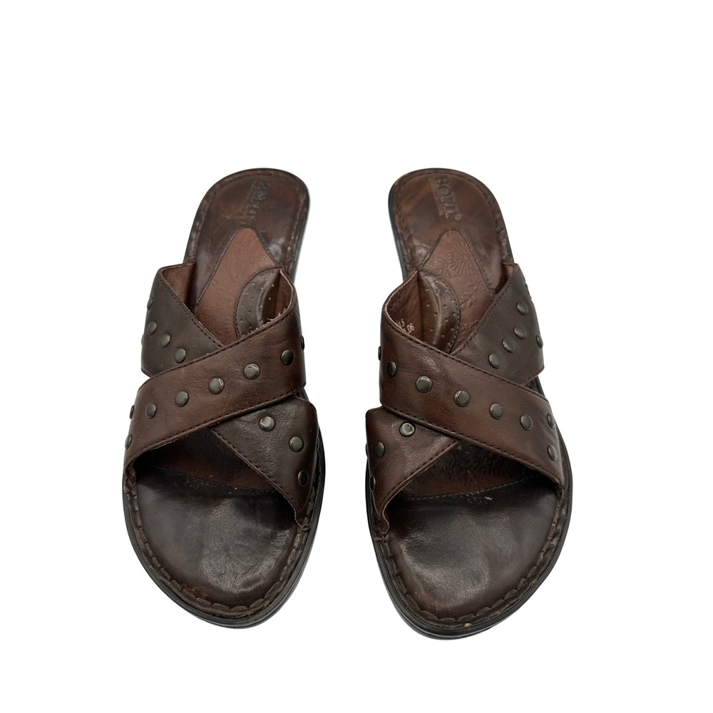Born Brown Leather Studded Cross Straps Slide Sandal Heel Size 9 M/W W6230 D6